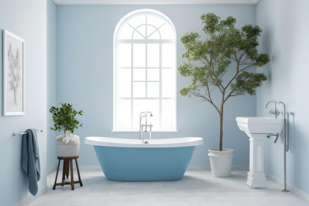 Weiß-blaue Badezimmereinrichtung mit Pflanzentopf.