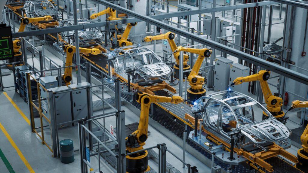 Automatisierte Produktionslinie mit Industrierobotern in einer modernen Auto-Herstellungsanlage, die Karosserieteile montieren und schweißen.