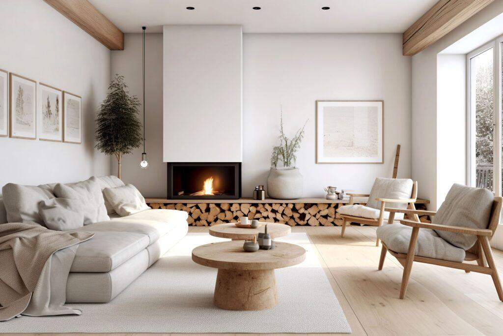 Minimalistisches Wohnzimmer mit modernem Kamin, gemütlichem Sofa und Naturholzdetails. Der Kamin sorgt für Wärme, während hochwertige Kaminofen Ersatzteile eine effiziente Nutzung gewährleisten.