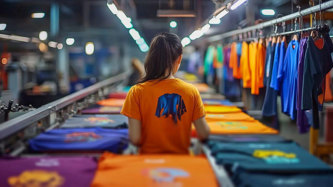 Frau in Produktionshalle beim Arbeitskleidung bedrucken lassen mit bunten T-Shirts auf Druckband