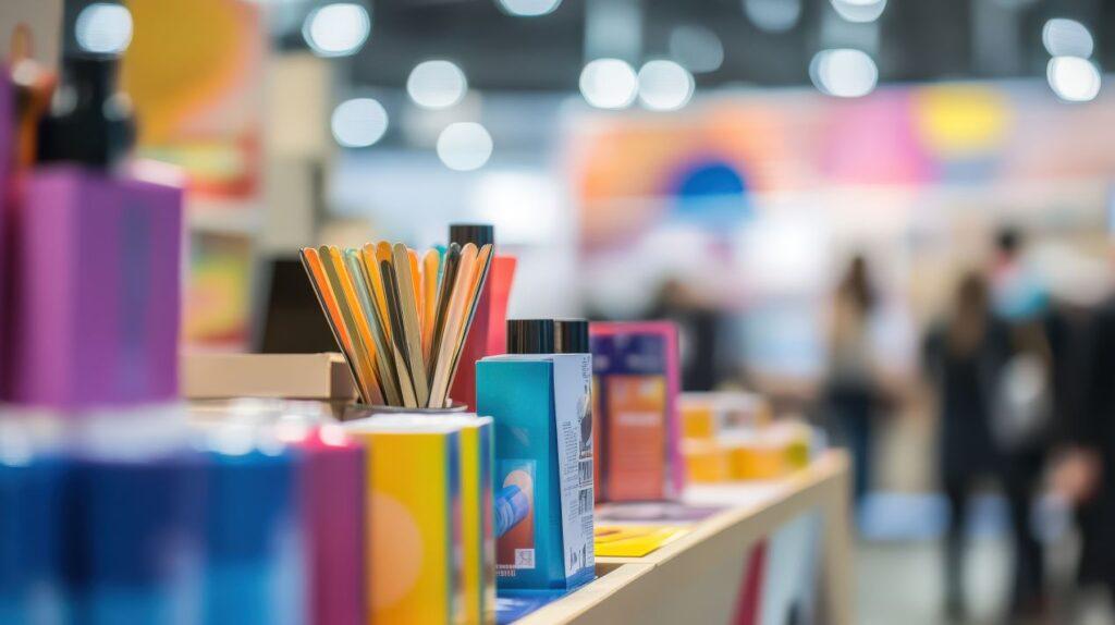 Bunte Werbemittel auf einem Messestand mit Flyern, Verpackungen und Stiften – ideal kombiniert mit Etiketten drucken lassen für gezielte Markenkommunikation