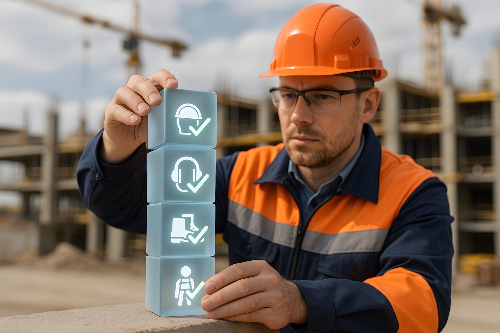 Bauarbeiter mit Symbolwürfeln zur Sicherheit | Arbeitsbühne mieten